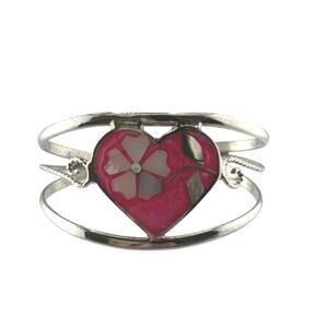 Vintage Alpaca Mexico Pink Enamel Abalone Flower Cuff Bracelet